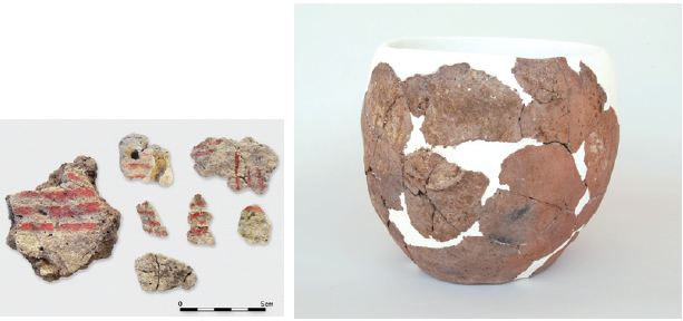 図1：トルコの新石器時代の遺跡から出土したプラスター片（左）、および、復元された土器（右）