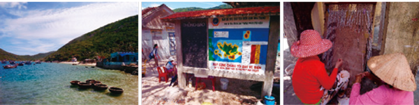 図3：左）ニャチャン保護区内ムン島の様子、中央）保護区内の漁業禁止区域等を示す看板、 　　 右）漁業に代わる収入源として、お土産用の貝殻カーテンを編む島民たち