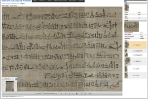 図1:代表者が構築した古代エジプト語神官文字画像データベースシス テム。文字の機能や発音、語の品詞や語義など、言語学的な情報 が資料画像上から直接検索できる。