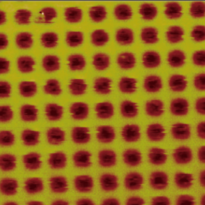 図1：スピネル強磁性体のイオン照射によるパ ターン形成の例。（磁気力顕微鏡写真） マグネタイト薄膜にKr イオンを照射し て、図の明るい部分を非磁性化した。